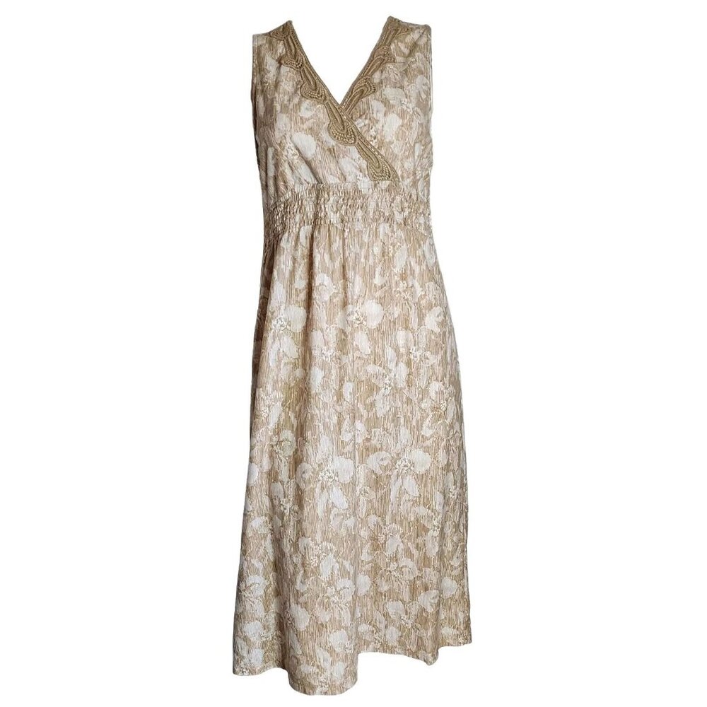 Charter‎ Club Dress Womens Size L Petite Tan White Pullover Floral Sleeveless